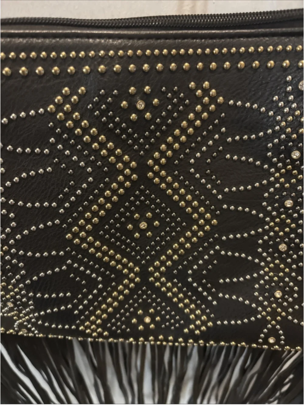 Imoshion Crossbody Bag Fringe & Gold Studded Vegan Leather ~ Black (1082)